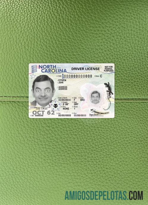 Carteira de habilitação dos EUA na Carolina do Norte 2024 Presente fotolook frente exemplo